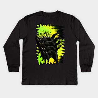 Psychedelic Black Cat Funny Spooky Acid Green Melty colorful background surreal collage Kids Long Sleeve T-Shirt